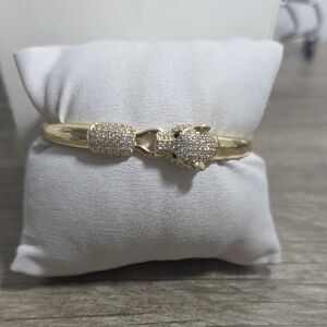 14k Gold Plated Panther Head Pavé Hinged Bangle Bracelet